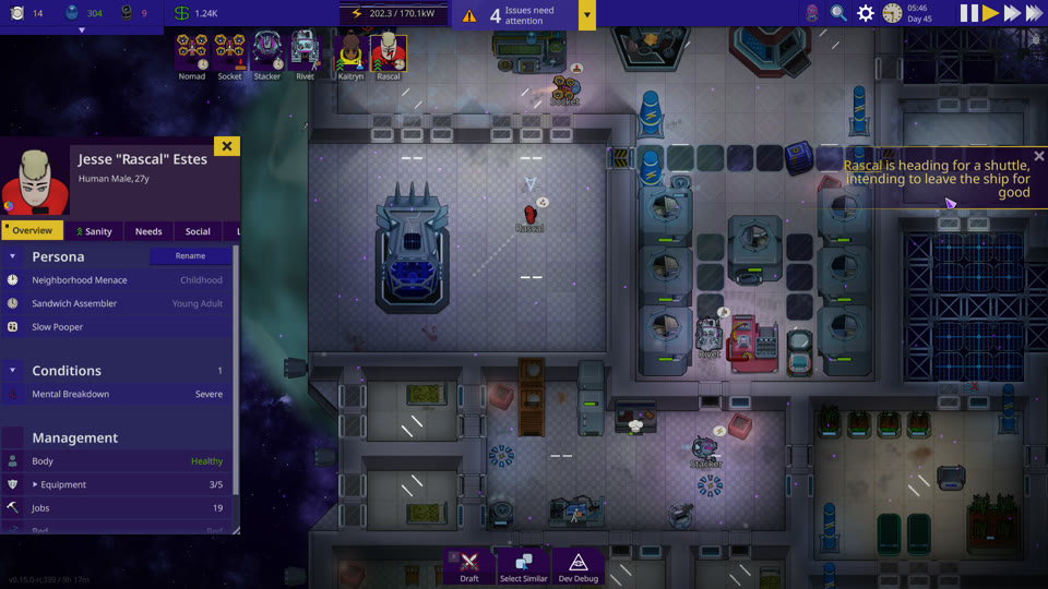 A colonist in a mental breakdown heads for a shuttle to abandon the ship