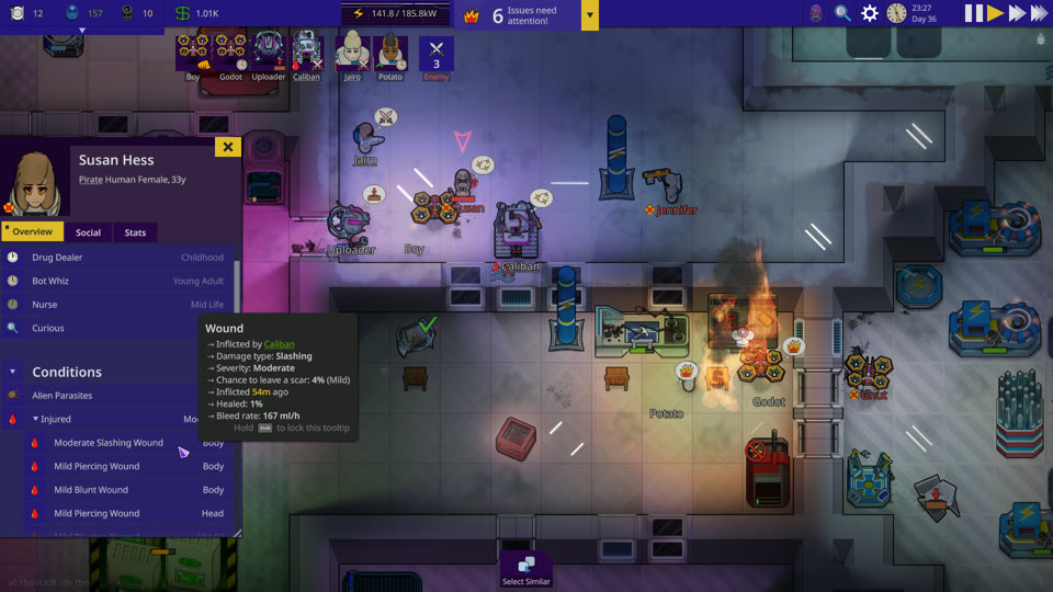 Wounds and conditions of a colonist